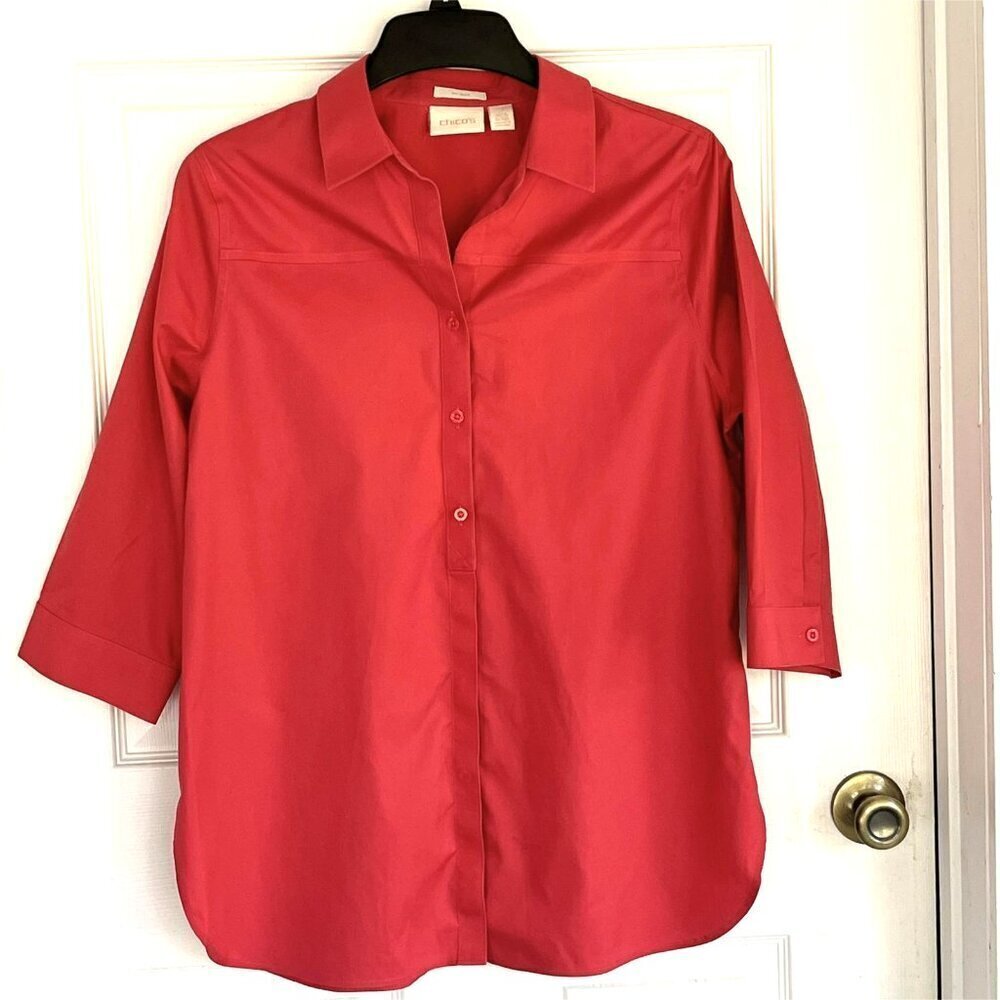 Chicos 2 No Iron Top Tunic Button Up 3/4 Sleeve Red Career Office Mature Capsule